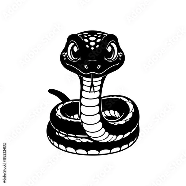 Fototapeta A simple black and white vector drawing of a cute happy friendly coiled cartoon snake mascot with large eyes and tongue flicking out. The style is childlike and minimalist.
