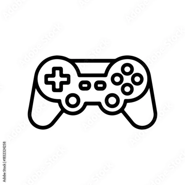 Fototapeta A simple black and white vector icon of a video game controller or gamepad featuring a D-pad and action buttons. The design is minimalist and represents gaming or esports.