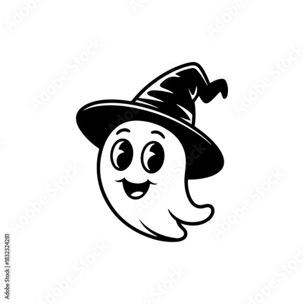 Fototapeta A simple black and white vector drawing of a cute surprised ghost mascot wearing a witch hat. The style is childlike and minimalist perfect for Halloween and spooky themes.