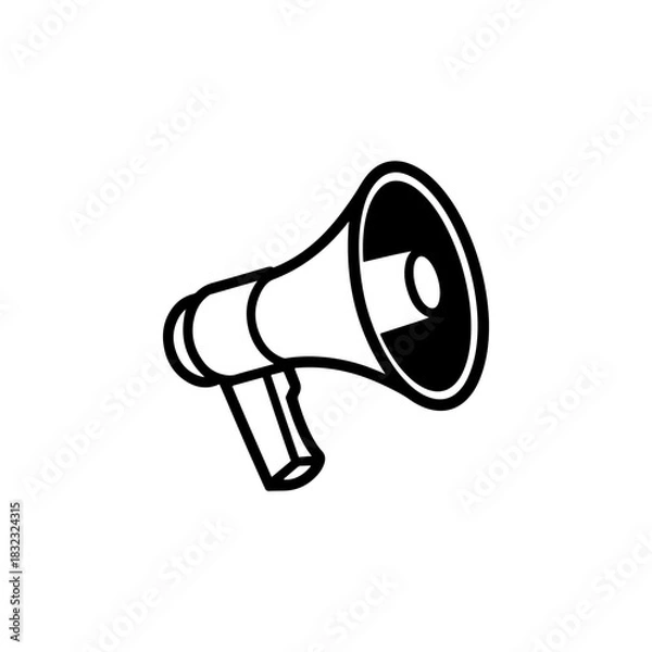 Fototapeta A bold black and white vector icon of a classic bullhorn or megaphone for public address. The design is simple and retro representing announcement or protest.