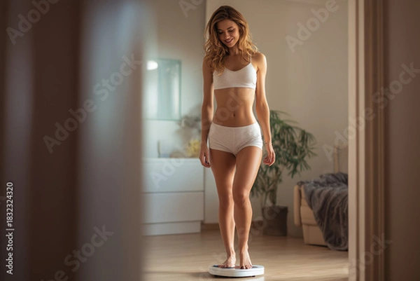 Obraz Slim woman checking her weight 