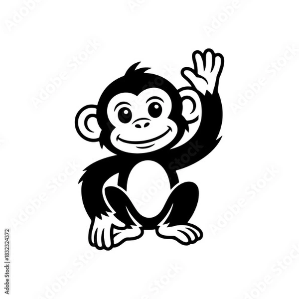 Fototapeta A simple black and white vector drawing of a cute happy friendly monkey or chimpanzee mascot with large eyes waving its hand. The style is childlike and minimalist.