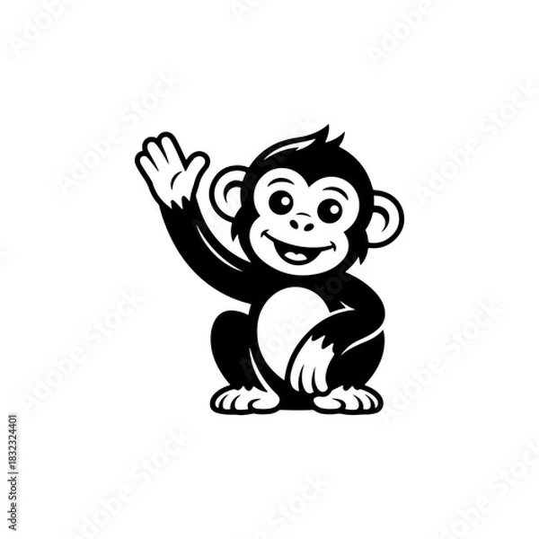 Fototapeta A simple black and white vector drawing of a cute happy friendly monkey or chimpanzee mascot with large eyes waving its hand. The style is childlike and minimalist.