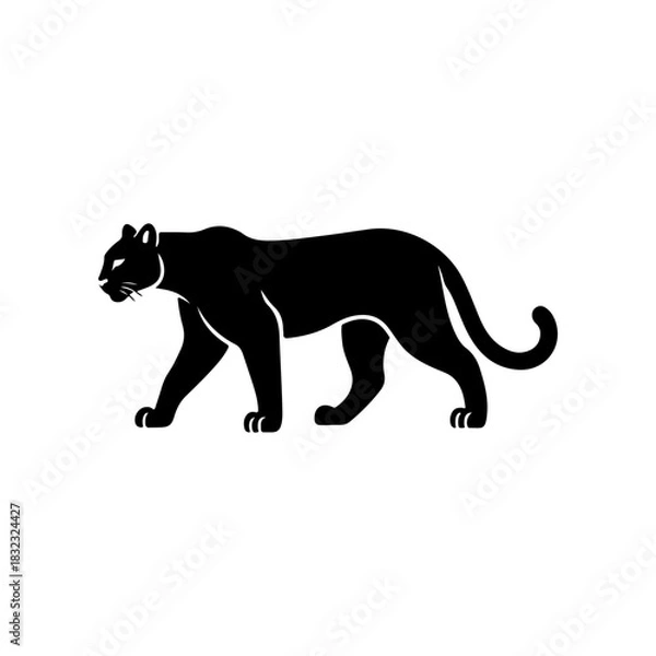 Fototapeta A bold black vector silhouette of a prowling or walking black panther cougar or mountain lion. The design is simple and dynamic representing speed power and wild nature.