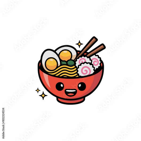 Fototapeta A colorful vector illustration of a cute happy ramen bowl character with a smiling face and large eyes filled with noodles eggs and narutomaki fish cake.
