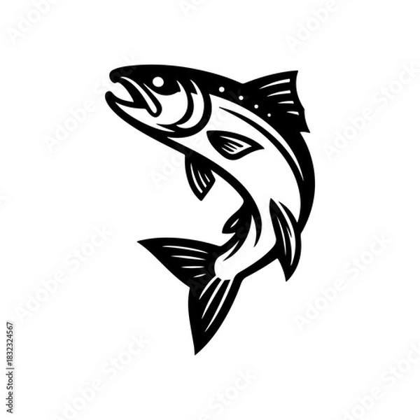 Fototapeta A bold black vector silhouette of a salmon or trout fish jumping out of the water. The design is simple and dynamic representing fishing nature and wild life.