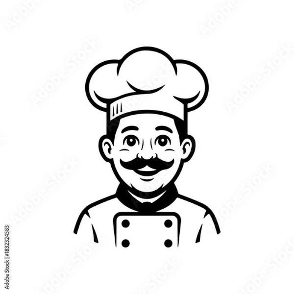 Fototapeta A simple black and white vector avatar of a professional smiling chef or baker wearing a toque hat and uniform. The man has a classic mustache and a friendly expression.