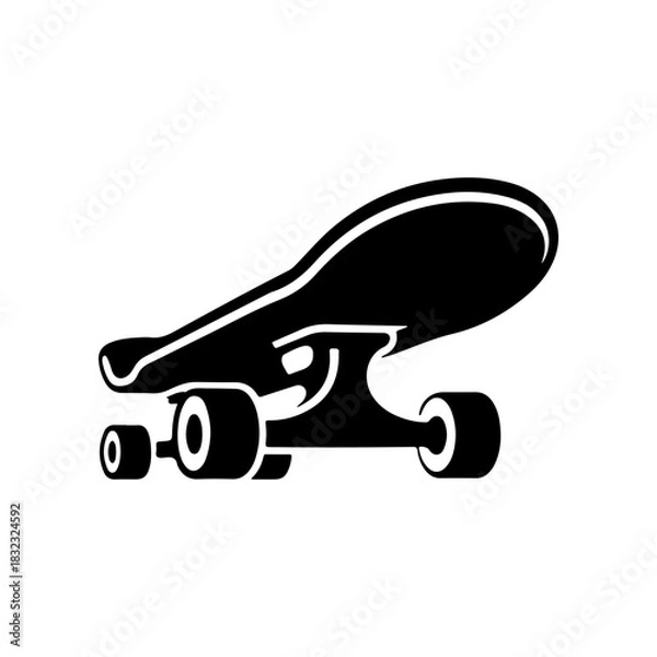 Fototapeta A bold black vector silhouette of a classic skateboard viewed from a low angle. The simple design includes the deck trucks and wheels representing action sports and urban culture.