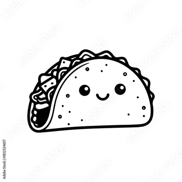Fototapeta A simple black and white vector drawing of a cute happy friendly taco mascot with a smiling face and large eyes. The hard shell is filled with meat and lettuce.