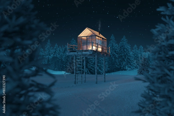 Fototapeta 3d rendering of cozy glass greenhouse on forest viewing platform at night