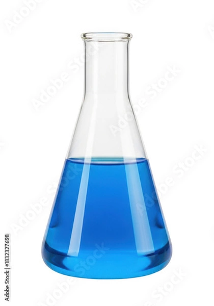 Fototapeta A clear glass laboratory flask containing vibrant blue liquid isolated on transparent background