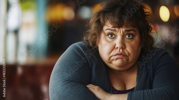 Obraz Caucasian woman with brown hair and a worried expression, looking directly at camera with arms crossed. Emotional reaction and overweight Issues
