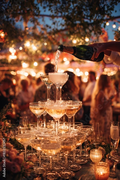 Fototapeta Champagne tower being filled at a festive outdoor celebration with warm golden lights and a lively atmosphere