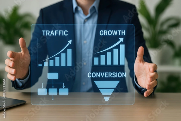 Obraz Digital marketing concept with holographic interface showing traffic growth and conversion funnel, business strategy visualization with futuristic technology
