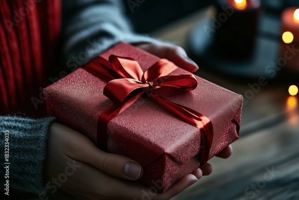 Fototapeta Gift wrapped in red ribbon held by hands in a cozy setting at night with soft candlelight. Concept of Saint Valentine Day and 8 Mart celebration.