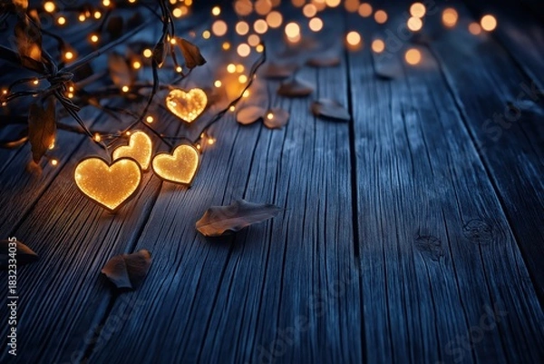 Fototapeta Warm glowing Valentine's hearts among dry leaves on rustic wooden surface at night in cozy atmosphere. Concept of Saint Valentine Day and 8 Mart celebration.