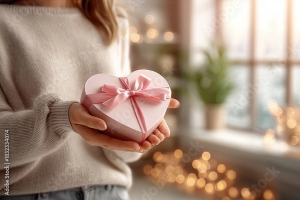 Fototapeta Gift box wrapped with pink ribbon held by a person in a cozy indoor setting. Concept of Saint Valentine Day and 8 Mart celebration.