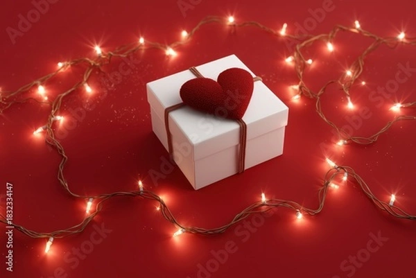 Fototapeta Gift box with a heart decoration surrounded by warm lights on a red background. Concept of Saint Valentine Day and 8 Mart celebration.