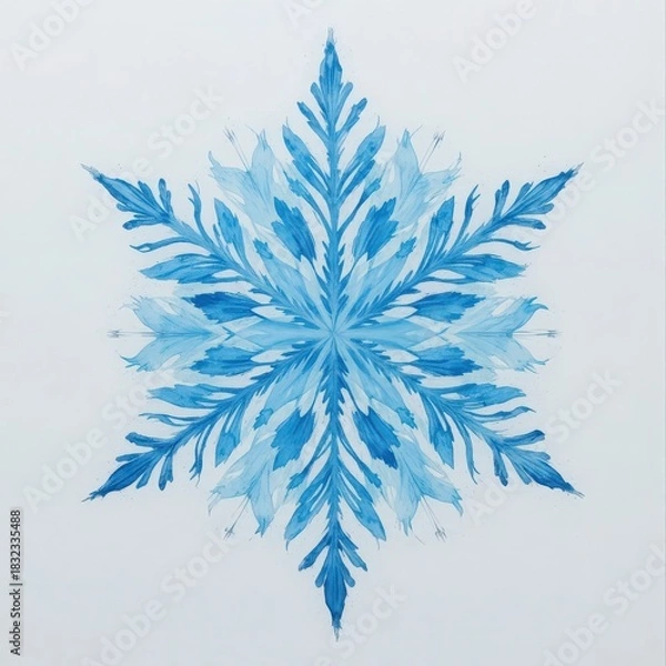 Fototapeta Abstract Watercolor Blue Floral Snowflake Pattern Illustration on White Background with Copy Space