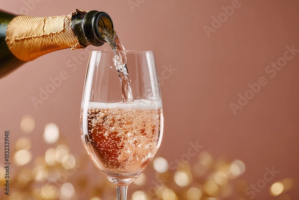 Fototapeta Champagne pouring into glass with sparkling bubbles and festive background  