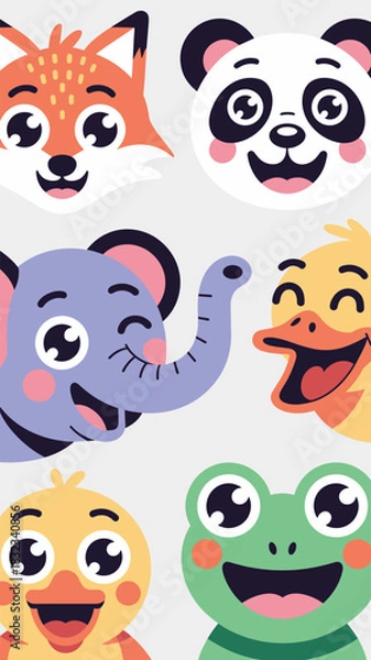 Fototapeta A cute collection of smiling happy baby animal faces featuring a cheerful fox, friendly panda, purple elephant, yellow duckling, and green frog, a joyful flat vector cartoon illustration set for child