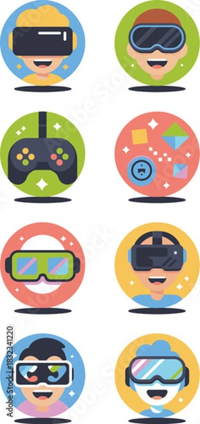 Fototapeta A vibrant collection of modern flat design icons illustrating virtual reality, augmented reality, and immersive gaming experiences, featuring happy youthful avatars wearing futuristic VR headsets, AR