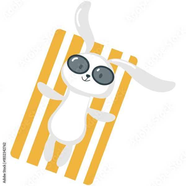 Obraz Rabbit on summer beach vector. Kawaii animal cartoon funny easter bunny icon. Lazy cute hare character sunbathing on plaid blanket isolated on white background