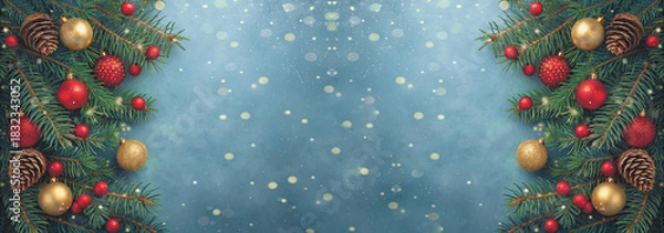 Obraz Festive Christmas background with ornaments and pine branches for holiday promotions, joyful season greetings, or a heartwarming winter celebration scene