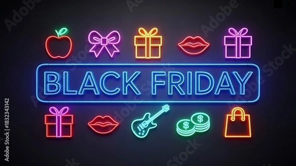 Obraz Black friday neon sign with gift icons