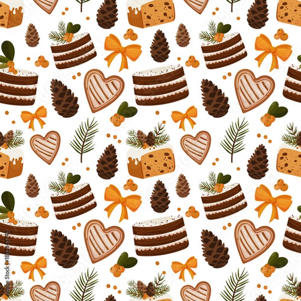 Fototapeta Seamless festive pattern with layered cakes, pinecones, heart cookies, pine sprigs and golden bows