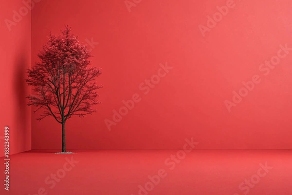 Obraz Striking red tree in minimalist studio setting evokes peace and creativity, perfect for serene designs, wellness brands, and mindful living concepts