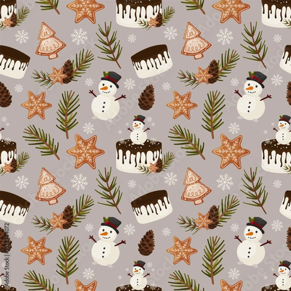 Fototapeta Seamless Christmas Pattern with Snowmen, Gingerbread Cookies and Winter Elements. Cozy vector illustration in soft winter palette, perfect for wrapping paper, textile prints, holiday backgrounds