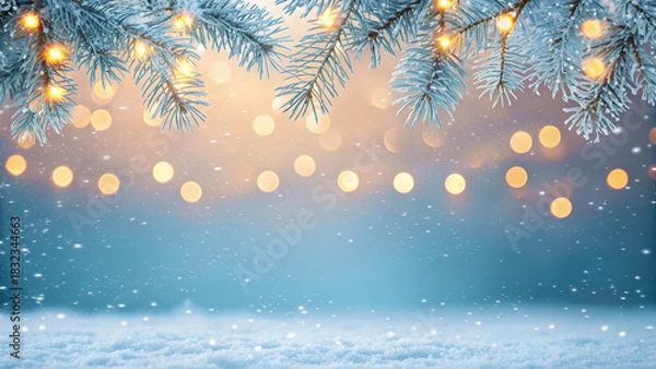 Obraz Enchanting winter scene with snow-covered pine branches and sparkling bokeh lights, creating a magical, festive atmosphere perfect for holiday designs