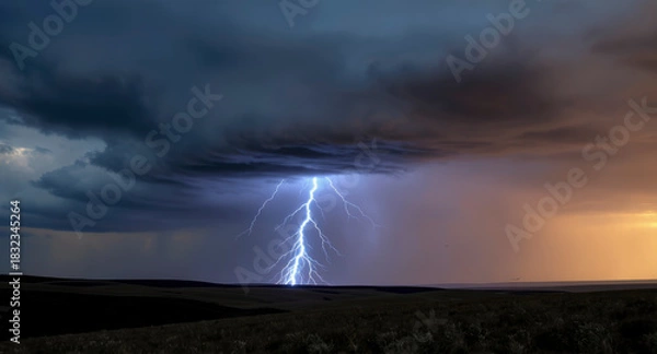 Fototapeta An intense lightning strike illuminates the sky while heavy clouds signal a rapidly approaching storm