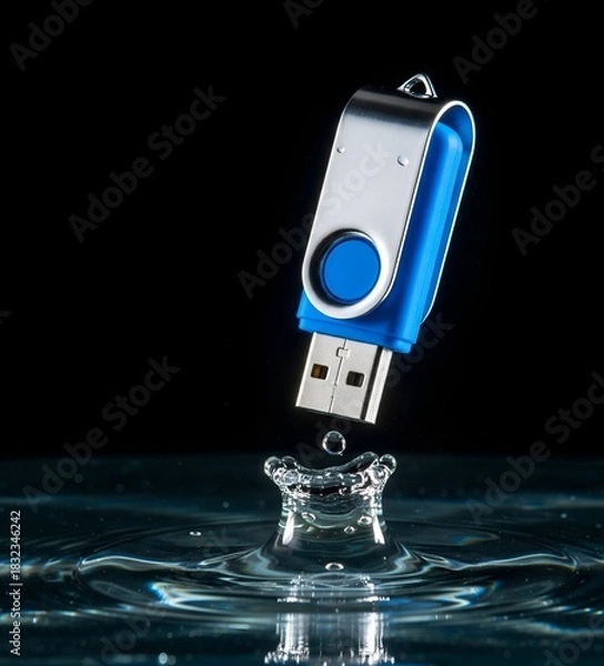 Fototapeta Usb Flash Drive hovers above water creating splash