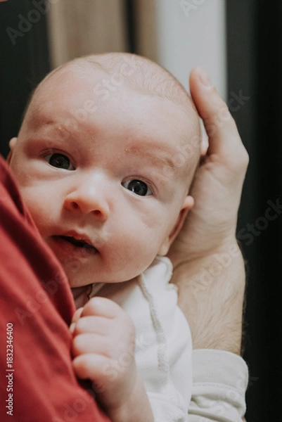 Fototapeta Father holding gently tiny newborn boy in his hands. Daddy showing affection to baby. Gental parenting and family love atmosphere concept. dad share a tender parenting moment 