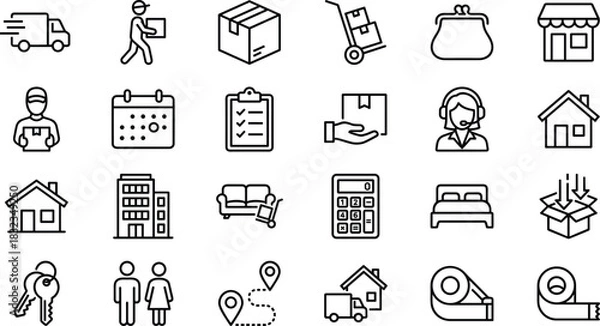 Fototapeta Delivery icons, moving service, logistics, shipping, relocation, customer support, home, package, minimal line style, flat vector, black white
