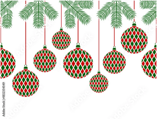 Fototapeta seamless border with hanging christmas balls and spruce twigs isolated on white background