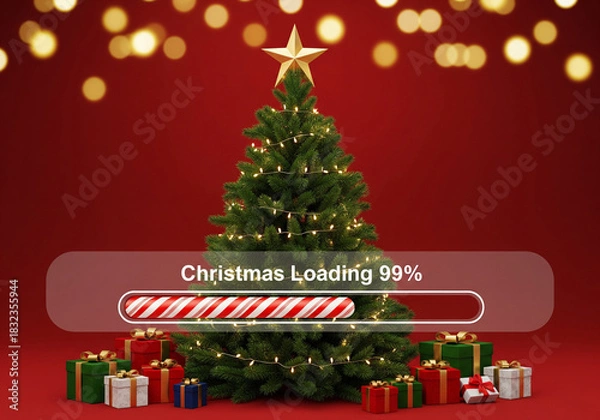 Obraz A festive Christmas tree and wrapped gifts on a red background, with a candy cane progress bar that reads "Christmas Loading 99%"