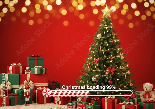 Obraz A festive Christmas tree with wrapped gifts and toys on a red background, with a progress bar that reads "Christmas Loading 99%"