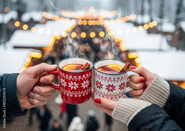 Obraz Two people with steaming mugs of mulled wine at a Christmas market, winter festival, sharing a warm moment of celebration.