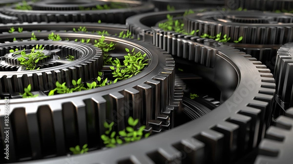 Fototapeta Abstract studio image showing interlocking metallic gears with small green leaves growing between them, symbolizing the balance of industrial efficiency, sustainability.