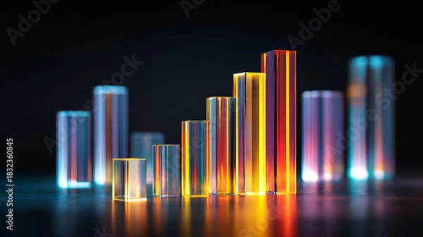 Fototapeta High-end close-up of a 3D bar chart made of polished acrylic blocks, illuminated from below, with one bar highlighted in bright neon to represent growth and strategic performance.