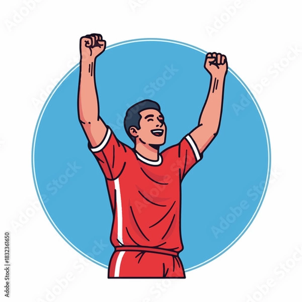 Obraz Illustration of a happy male athlete in a red uniform celebrating a victory with his arms raised in the air.