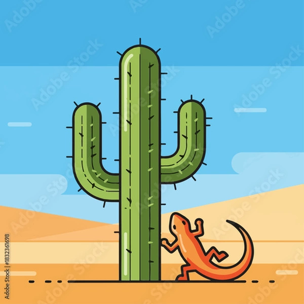 Obraz An orange lizard climbing a tall green saguaro cactus in a vast desert landscape under a blue sky.