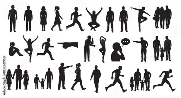 Obraz Various people silhouettes showing walking running sitting dancing pointing and family moments in diverse everyday poses Concept of lifestyle movement relationship community