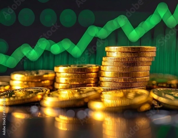 Fototapeta Golden coins stacking up against a blurred green financial graph, illustrating investment growth, market success, and economic prosperity