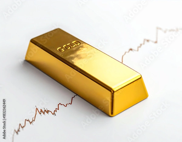 Fototapeta Solid gold bullion bar representing investment and wealth, with an upward trending stock market financial chart
