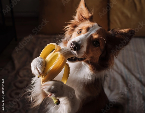 Fototapeta Brown and white border collie dog holding and eating a banana, looking directly at the camera. Healthy pet snack concept