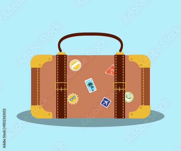 Obraz Suitcase, travel bag, bag, leather luggage, retro style, with straps and handle, stickers, stamps